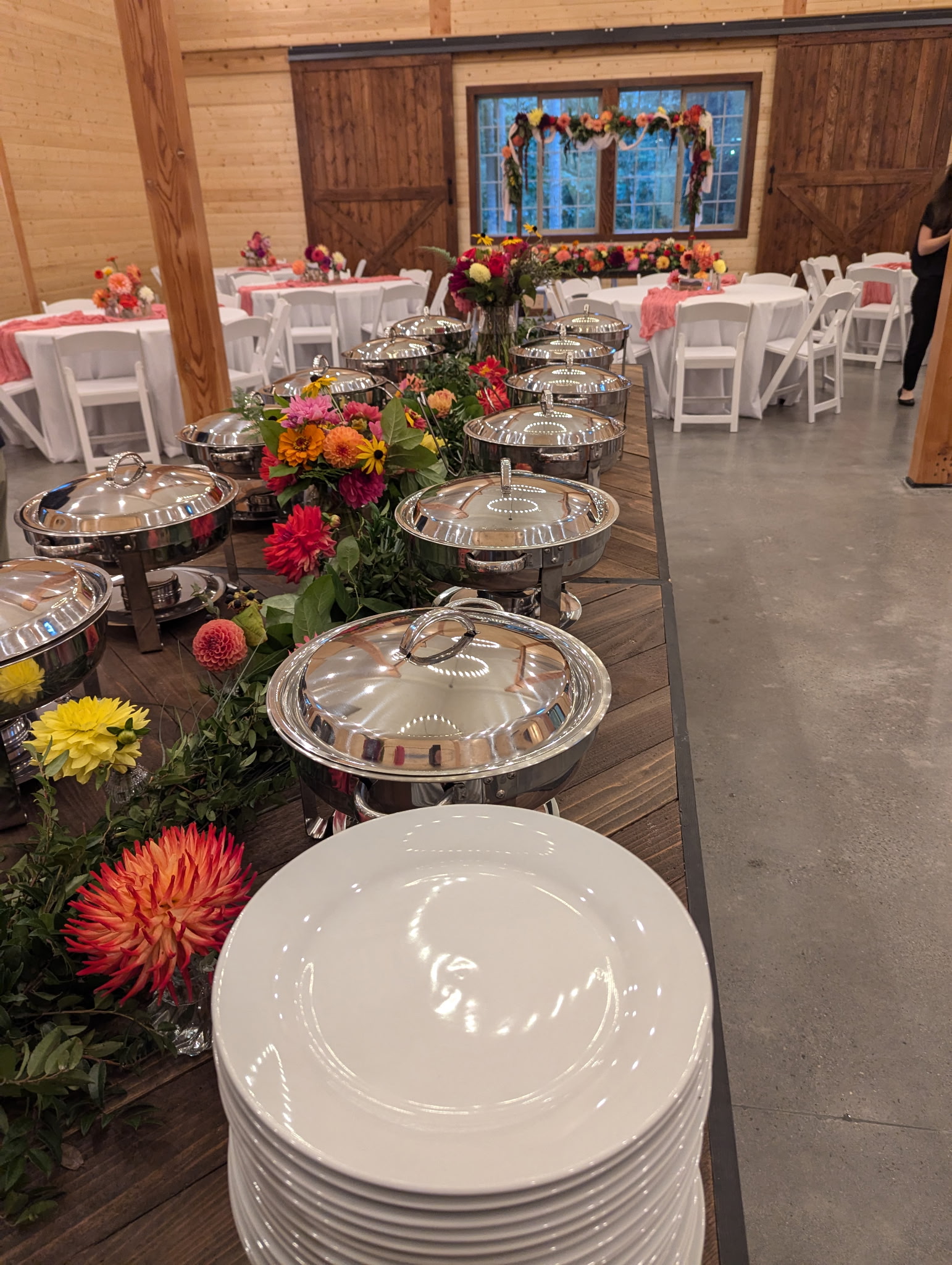 Buffet setup with dahlias